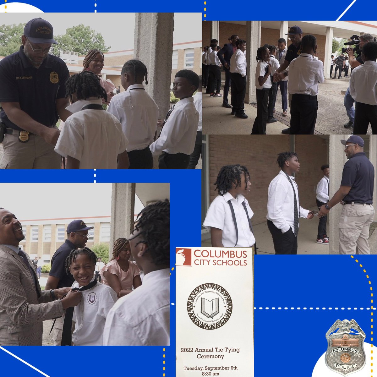 ColumbusPolice's tweet photo. .@CPDRecruitment Sgt. was honored to participate in today’s Tie Tying Ceremony at Columbus City Preparatory School for Boys.

The annual tradition rings in the new school year for these students to empower them to carry themselves with confidence and class. 📚 

@ColsCitySchools https://t.co/EacpSj58yB