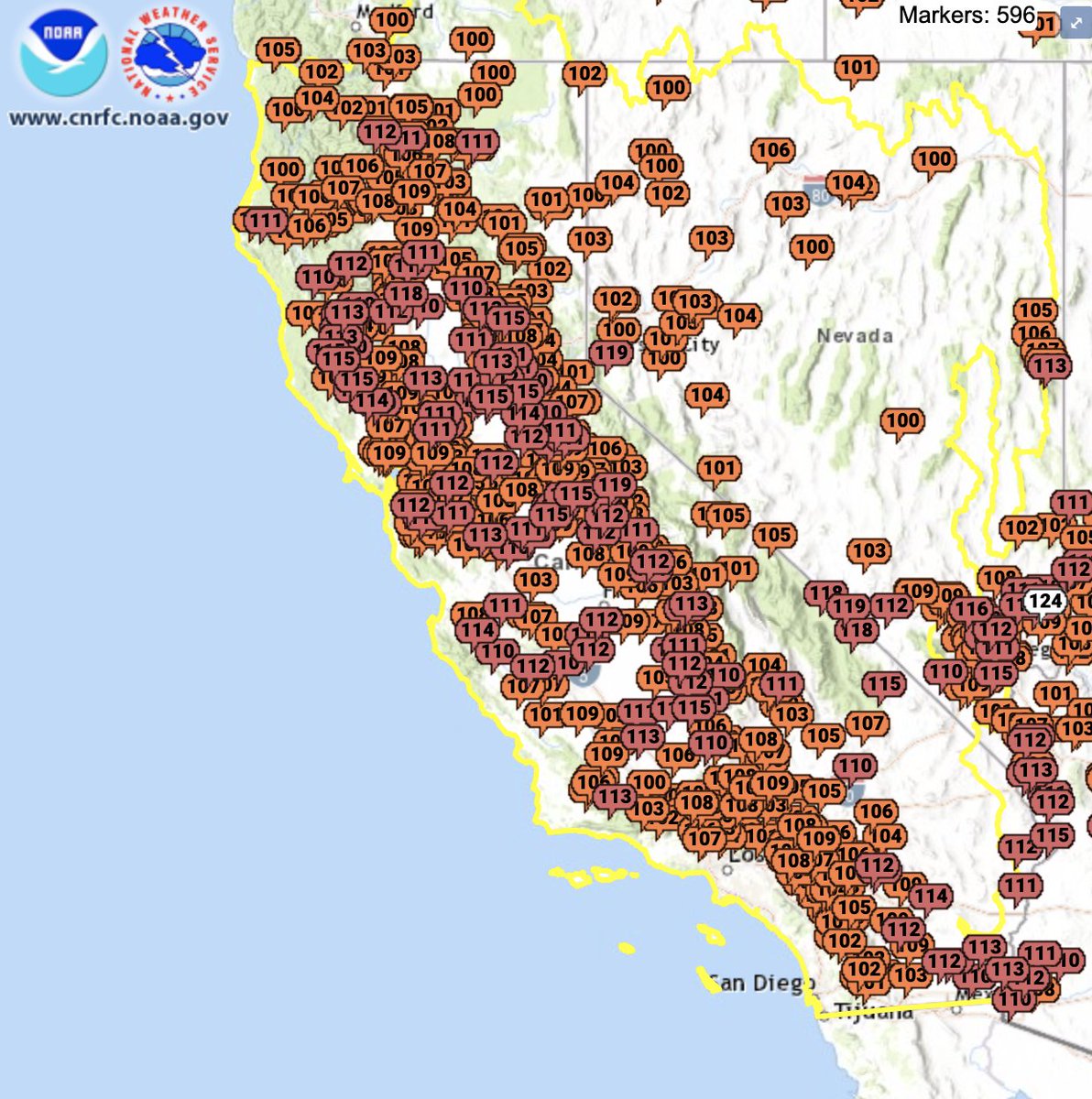 Today is the peak of California's worst September heatwave ever recorded.

The number of locations recording 110°F+ is simply extraordinary.

Many major cities have experienced their hottest day ever recorded, including San Jose and Santa Rosa. #Heatwave2022