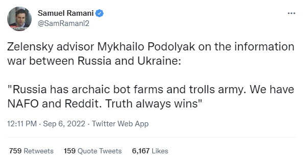 Deswegen blocke ich ohne Ansehen NAFO-Accounts: Selenskij-Berater Podolyak bestätigt indirekt einen Artikel auf ThePrint, wo nach bis zu 80% der Accounts, die über den 🇺🇦Krieg twittern, Bots sind, davon 90% pro🇺🇦, Zitat: „Wir haben NAFO und Reddit. Die Wahrheit gewinnt immer.“ 🤦
