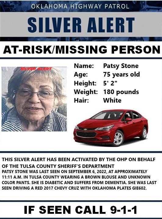 MissingPeopleAA's tweet photo. OKLAHOMA SILVER ALERT
Patsy Stone
Source: Oklahoma Highway Patrol / Tulsa Police
#MPIAmissingOK https://t.co/saDmQdSQ8M