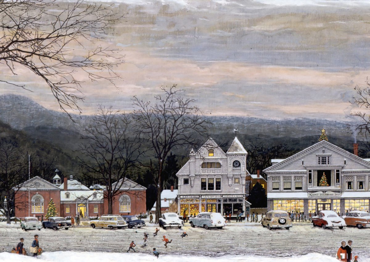 BeschlossDC's tweet image. Detail from Norman Rockwell’s “Stockbridge Main Street at Christmas” (1967) in Massachusetts -- doesn't look much different now: