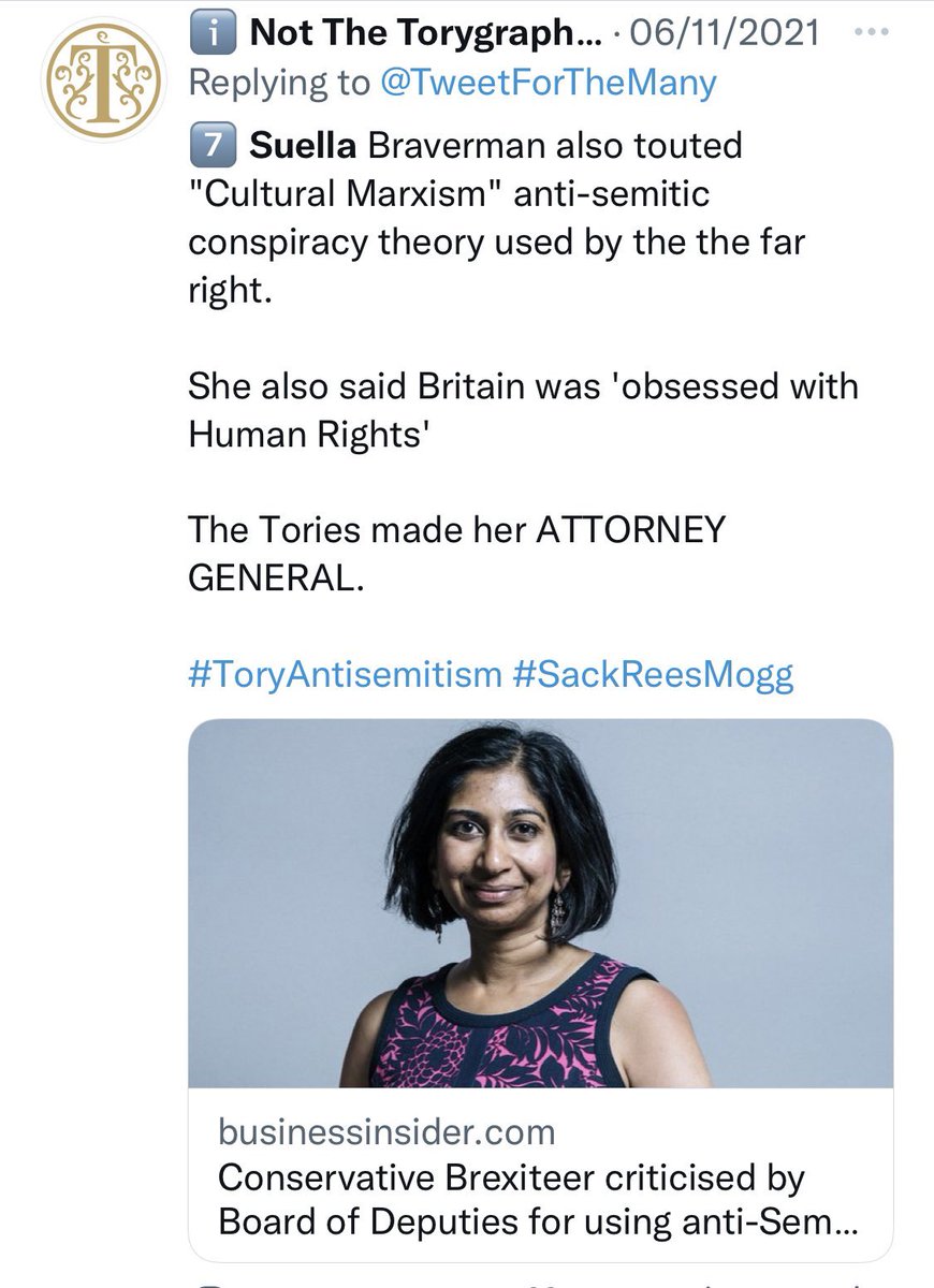 TweetForTheMany's tweet photo. Suella Braverman
Was cited for antisemitic comments by the Jewish board of deputies
She appears in my long thread below that highlights dozens of incidents of #ToryAntisemitism https://t.co/I5H6ubKp46