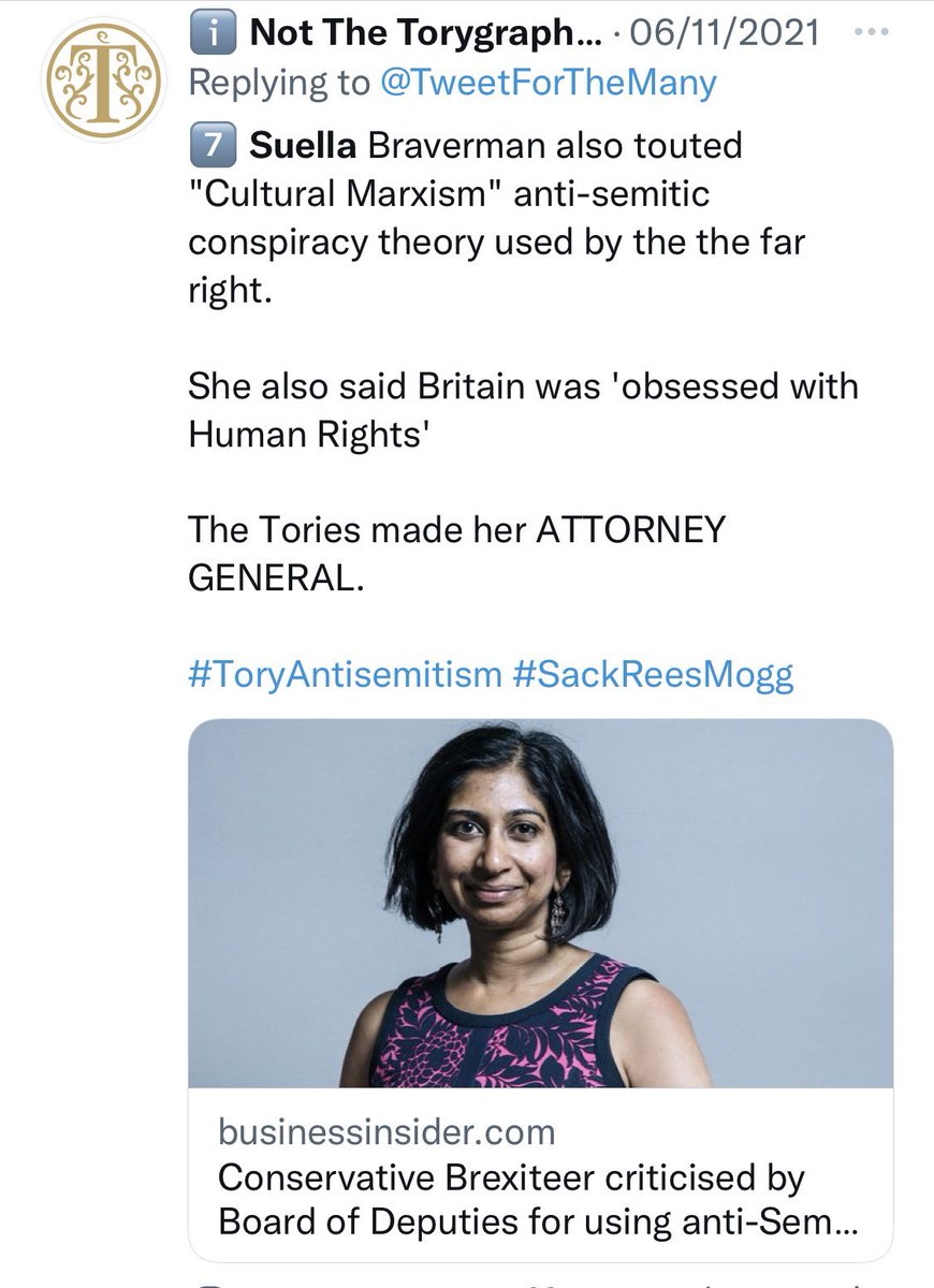 Suella Braverman

Was cited for antisemitic comments by the Jewish board of deputies 

She appears in my long thread below that highlights dozens of incidents of #ToryAntisemitism