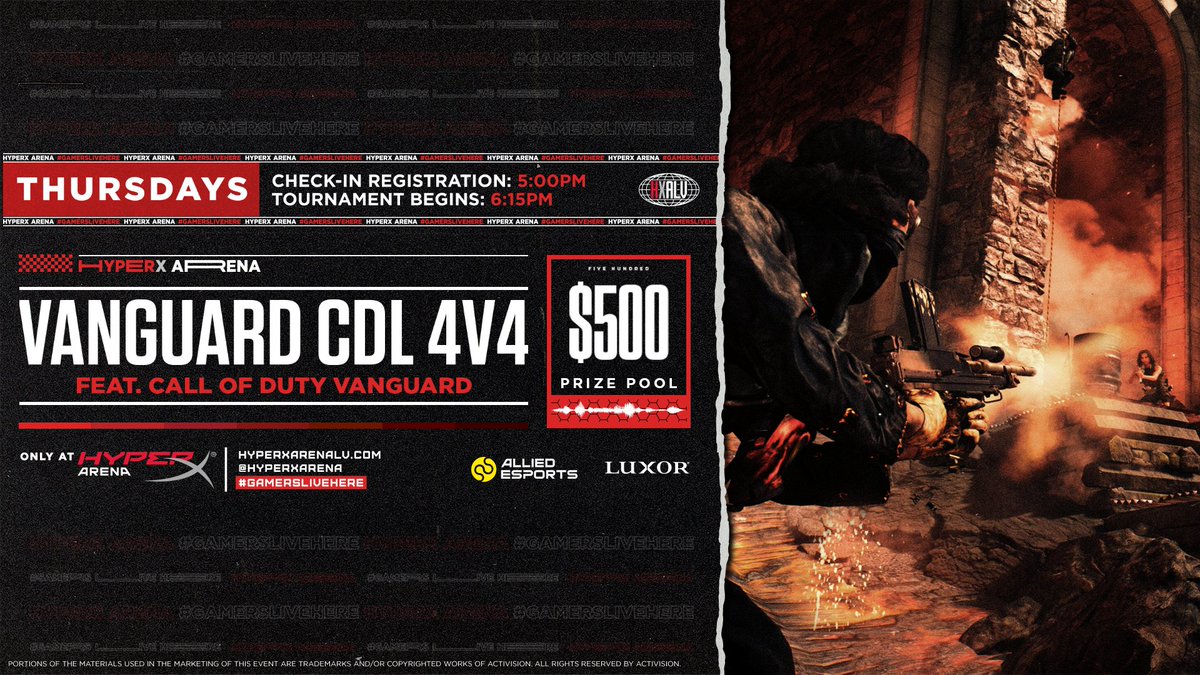 Think you got it like that? Think you're a Scump in training?! Well come show off your skills at our Vanguard 4v4 tourney! 

📆 Sept 8th
🕐 Check-in 5-6 PM PST, Start 6:15 PM PST

Register now!
start.gg/tournament/hyp…

#GamersLiveHere