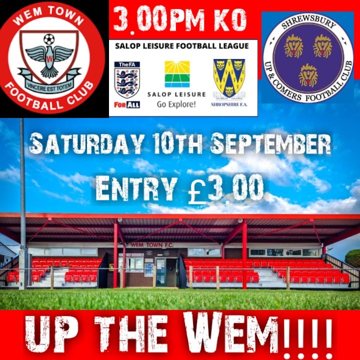 We take on  Shrewsbury Up and Comers Saturday in a 3pm ko ,as we look for our first points of the season 🤞
Drinks and snacks available
Entry £3.00

Team kit sponsored by
Castle Hotel
Wem

#wemtownfc
<a href="/whit_herald/">Whitchurch Herald</a> <a href="/ShropshireStar/">Shropshire Star</a>
