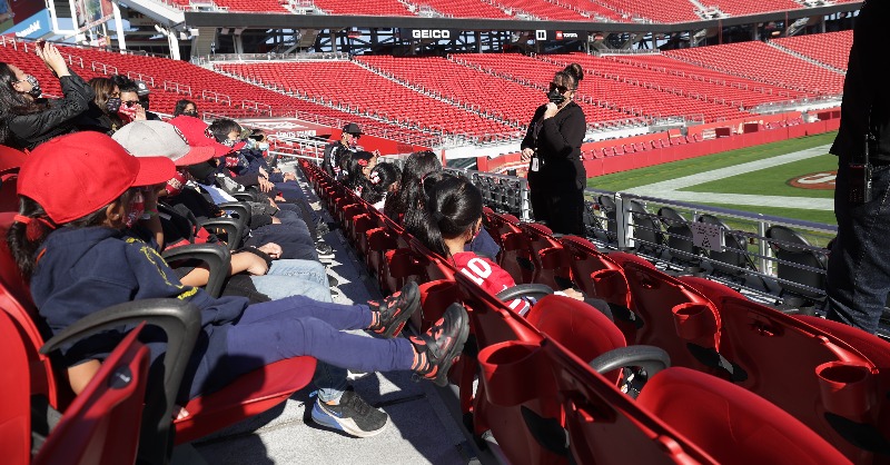 49ersFoundation's tweet photo. After nearly three years, we are thrilled to welcome students back to @levisstadium for the reimagined 49ers EDU presented by @Chevron Home &amp; Away program! We are excited to continue our mission of inspiring our Bay Area youth to become the next generation of STEAM leaders. https://t.co/oJZswXOY9Y