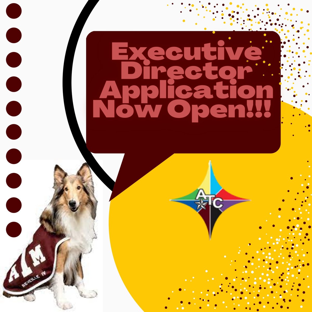 TAMU_ATC's tweet photo. Howdy!

ATC's Executive Director app CLOSES TOMORROW at 11:59PM! Reach out to a search committee member if you have any questions regarding the application/search process.

Gig'em! https://t.co/DB5N50wamj