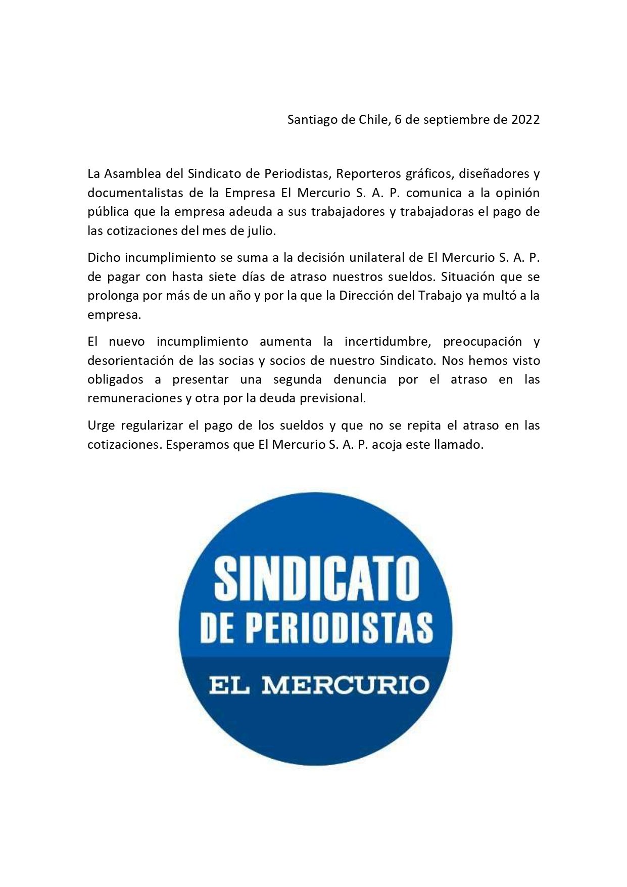 Sindicato de Periodistas de El Mercurio (@Sind_Per_EM) / Twitter