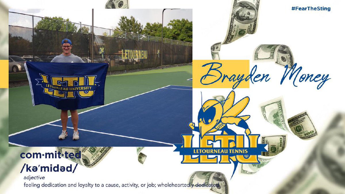 Brayden Money (@braydenmoney23) on Twitter photo After an amazing official visit to <a href="/LeTourneauUniv/">LeTourneauUniversity</a>, I’m excited to announce that I’m officially committing to play tennis and pursue engineering <a href="/LETUTennis/">LETU Tennis</a>. Thank you Coach Merritt for this amazing opportunity. #fearthesting After an amazing official visit to <a href="/LeTourneauUniv/">LeTourneauUniversity</a>, I’m excited to announce that I’m officially committing to play tennis and pursue engineering <a href="/LETUTennis/">LETU Tennis</a>. Thank you Coach Merritt for this amazing opportunity. #fearthesting