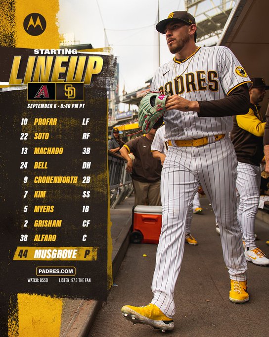 Joe Musgrove, wearing Padres home white pinstripes, walks out of the dugout. Brown and gold starting lineup graphic with today's date, September 6. Time of game: 6:40 PM PT. Opponent: Arizona Diamondbacks. 

Lineup: 
Profar - Left field 
Soto - Right field 
Machado - Third base 
Bell - Designated hitter
Cronenworth - Second base 
Kim - Shortstop 
Myers - First base
Grisham - Center field 
Alfaro - Catcher 
Musgrove - Starting pitcher