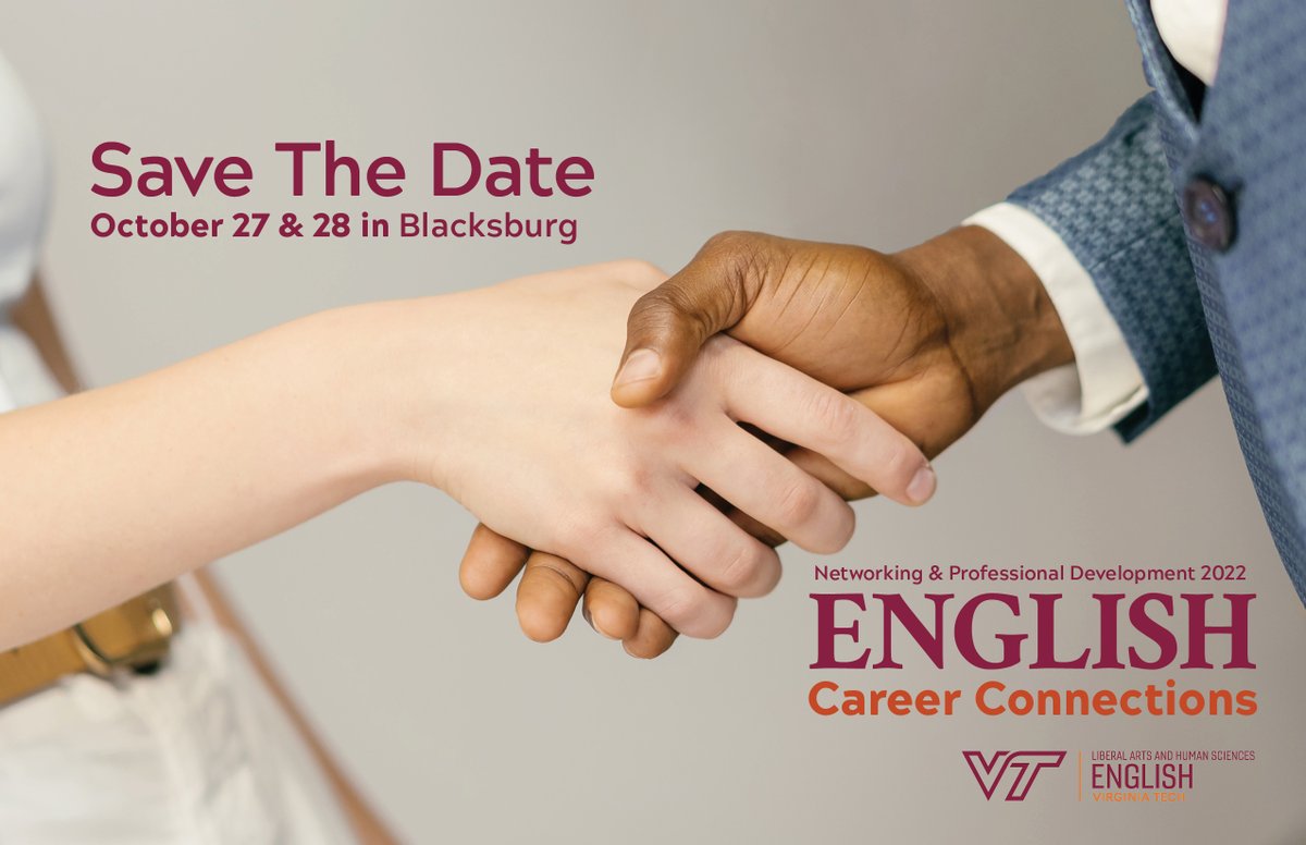 VTenglish's tweet photo. 📢 Calling all #VTEnglish students!

On October 27th and 28th, VT English will be hosting Career Connections, an opportunity for undergraduate and graduate students to network and work towards their professional development. 

#SaveTheDate https://t.co/IOjKtsJtZw