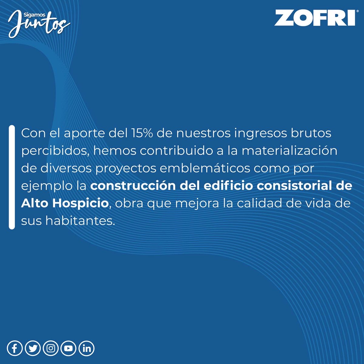 Zofri_SA's tweet photo. Año tras año aportamos el 15% de nuestros ingresos brutos a las comunas de las regiones del extremo norte de 🇨🇱, para impulsar obras que mejoran la calidad de vida de sus habitantes.
Con #ZOFRI, sigamos juntos 💙🤝
#AltoHospicio #Zofri #edificioconsistorial #SepChile https://t.co/IorJjztAcG