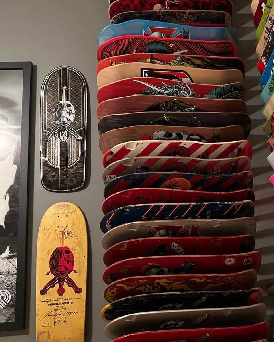 PowellPeralta's tweet photo. 🖼️ chrischicskatestuff's wall of #PowellPeralta skateboards 👀 #DeckWallWednesday https://t.co/YCR45IPFOn