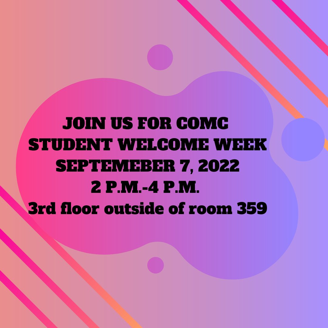 TexasTechPRSSA's tweet photo. COMC Student Welcome week is September 7, 2022 in the Media &amp; Communication Building from 2- 4 p.m. We are going to be located on the third floor outside room 359. We hope to see you tomorrow!!! #welcomeweek #ttu #prssa #prsa #media #communication https://t.co/UGjjEqBlG3