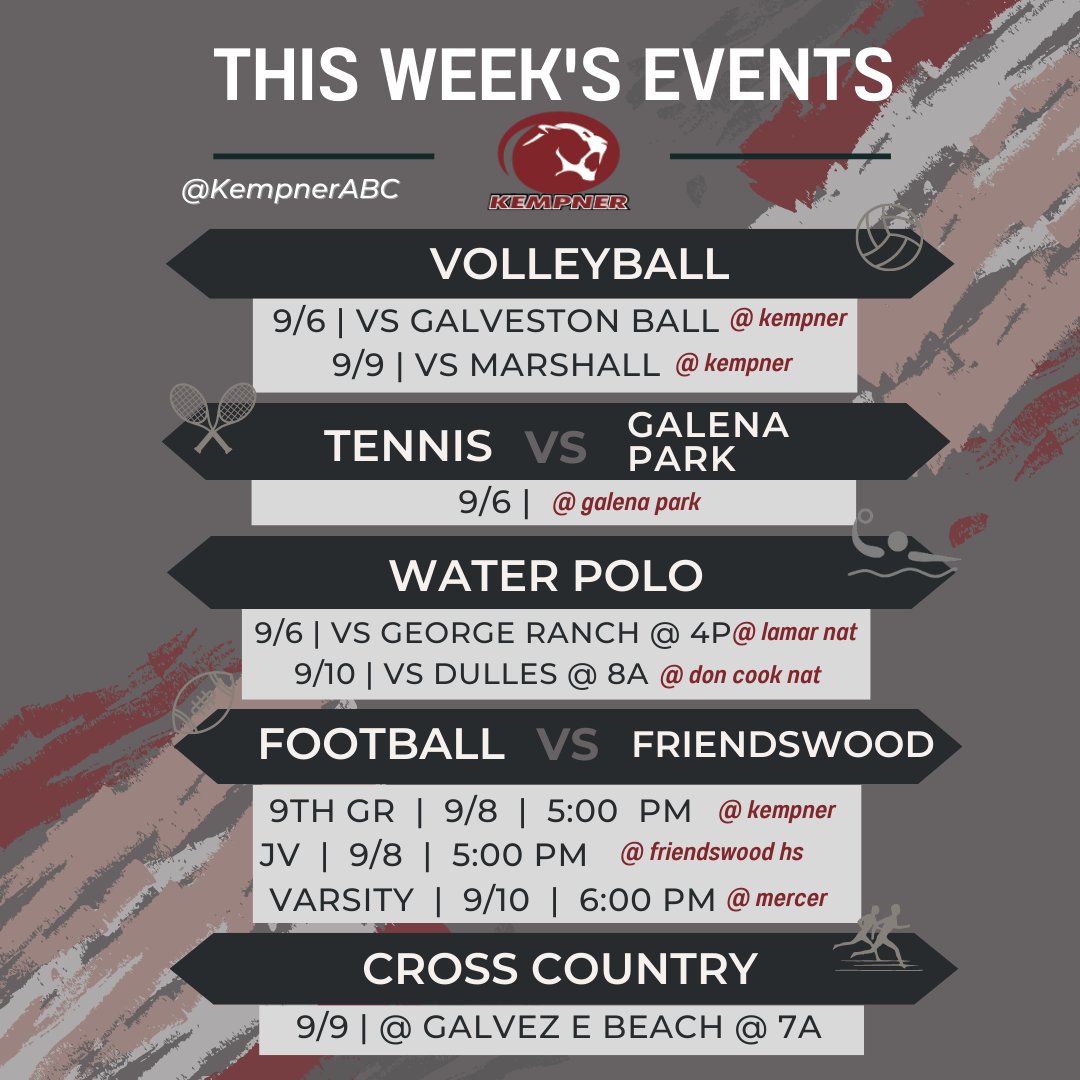KempnerABC's tweet photo. Pick a game or two and go support our Cougs! 📣

#fortbendisdathletics #gocougs #kempnerhs #kempnercougars https://t.co/vp5eW91nJY