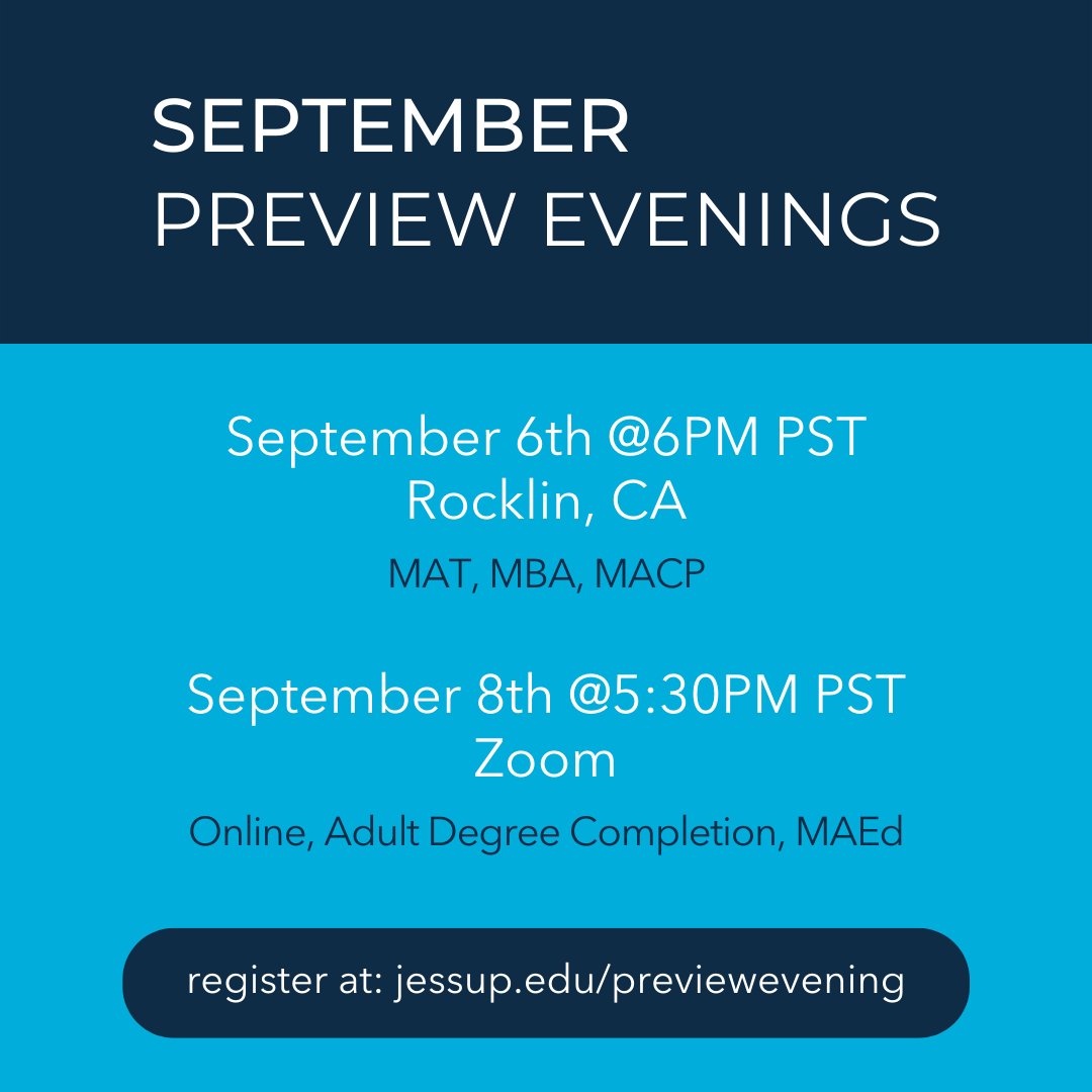 WJUGradStudies's tweet photo. It's that time again! We are kicking off September's Preview Evenings tonight! If you'd like to join us, register at https://t.co/rbiMcfYMSY!

#jessup #previewevenings https://t.co/CGwOfI7Ah7