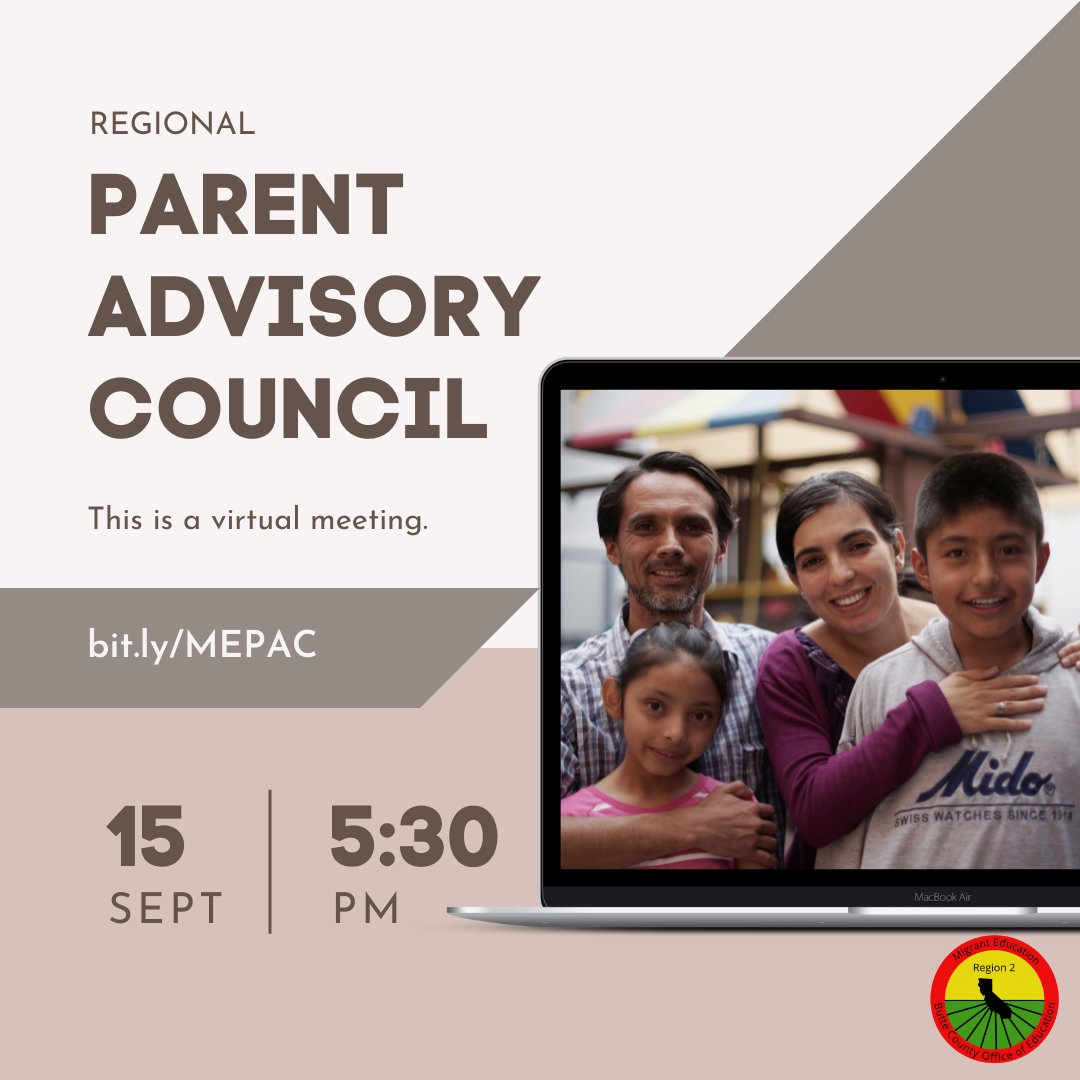 Únase a nuestra reunión virtual del Comité Asesor de Padres Migrantes a las 5:30 p.m. 
bit.ly/MEPAC
~
Join us for a virtual Parent Advisory Council meeting at 5:30 PM.
bit.ly/MEPAC