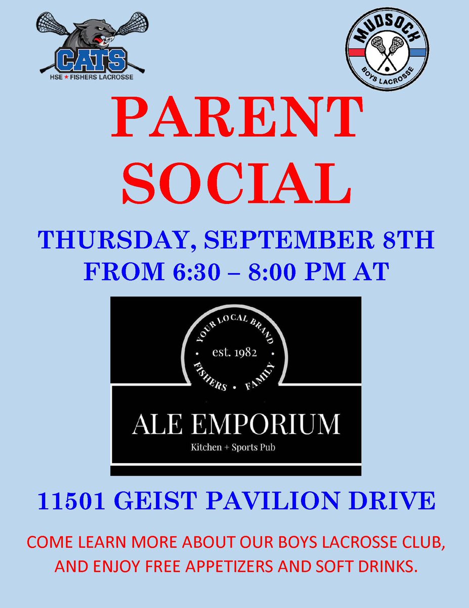 Come join us Thursday night for our Parent Social at Ale Emporium Fishers. Come hang out and meet other parents in the club, learn about our club and opportunities for you to help. We will have free appetizers and soft drinks. Hope to see you there!