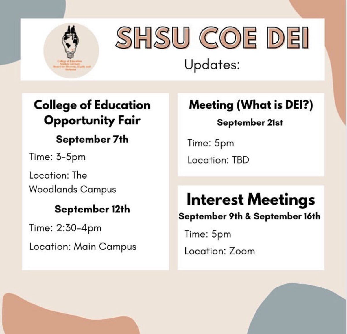 shsucoeab's tweet photo. Upcoming events for the COE DEI Advisory Board! 🤩 Quote this tweet and tag a friend who you’re bringing with you to our events! We’ll go first! @SHSUCOE @PSUN_SHSU 🤝 https://t.co/w7dSfEMhkb