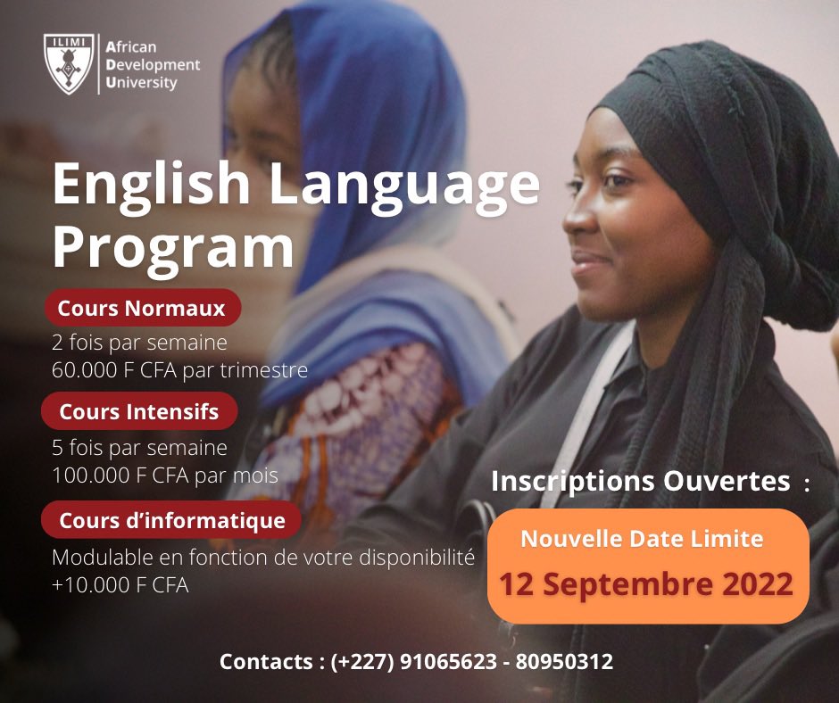 ADULeads's tweet photo. Le English Language Program débute le 12 septembre 2022 !
Plus besoin de vous faire un exposĂ© sur lâimportance de lâanglais dans le monde des affaires ou mĂȘme dans notre vie quotidienne.
#ADU #ILIMI #Sahel #Niger #EnglishLP https://t.co/EmF2VfudEq