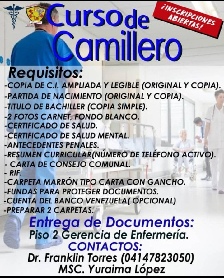 HospiRazettiBna's tweet photo. #Asiste consigna tus documentos y prepárate en el curso de camillero personal de salud siempre hay que avanzar y buscar el saber en la ciencia #HULRBna siguiendo orientaciones del presidente @NicolasMaduro y el apoyo del Gob @luismarcanos https://t.co/ejnfQvWiAN
