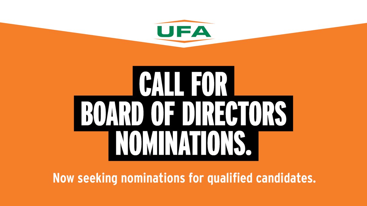 📢 UFA is seeking qualified candidates to nominate themselves to serve on UFA’s Board of Directors.

⏳ Deadline for Applications Nov 1st, 2022

🖱 visit coop.ufa.com/Nominate