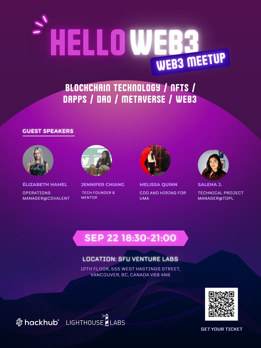 { Hello #Web3 } Join us on Aug 25 at 
<a href="/SFUVentureLabs/">SFU VentureLabs</a>

. 🍕🥂🌝

Date: Sep 22, 6:30 PM - 9:10 PM
Location: VentureLabs 555 W Hastings st, DT Vancouver.  

 🎟️ eventbrite.ca/e/hello-web-3-…

#blockchaintechnology #Crypto #Web3 #NFTs #DAO #metaverse