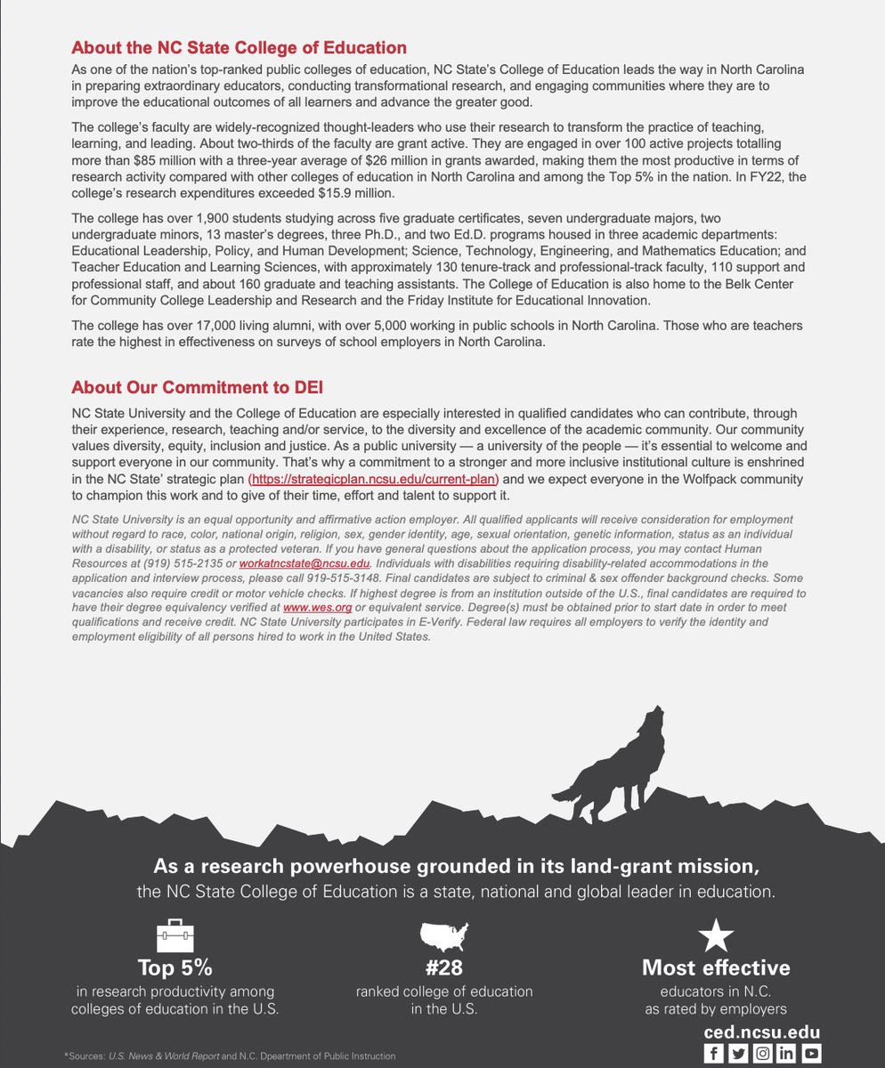 Join us in the Dept. of Teacher Education &amp; Learning Sciences at <a href="/NCStateCED/">NC State College of Education</a>!  We are looking for a new colleague - Assistant Professor in Teacher Education. Check it out and share widely: jobs.ncsu.edu/postings/169936