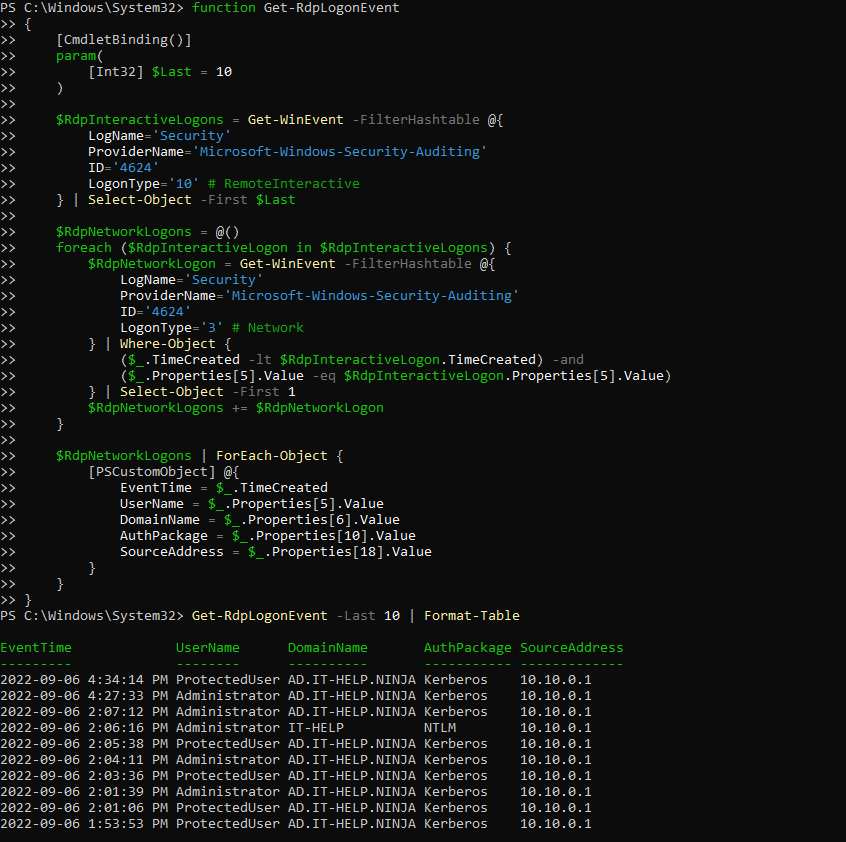 Get-RdpLogonEvent: extract the list of recent RDP logons from the event viewer and become a magician 🧙‍♀️ that can answer impossible questions like "is it really using Kerberos (nope), or did it downgrade to NTLM (again)"? 👇 gist.github.com/awakecoding/5f…