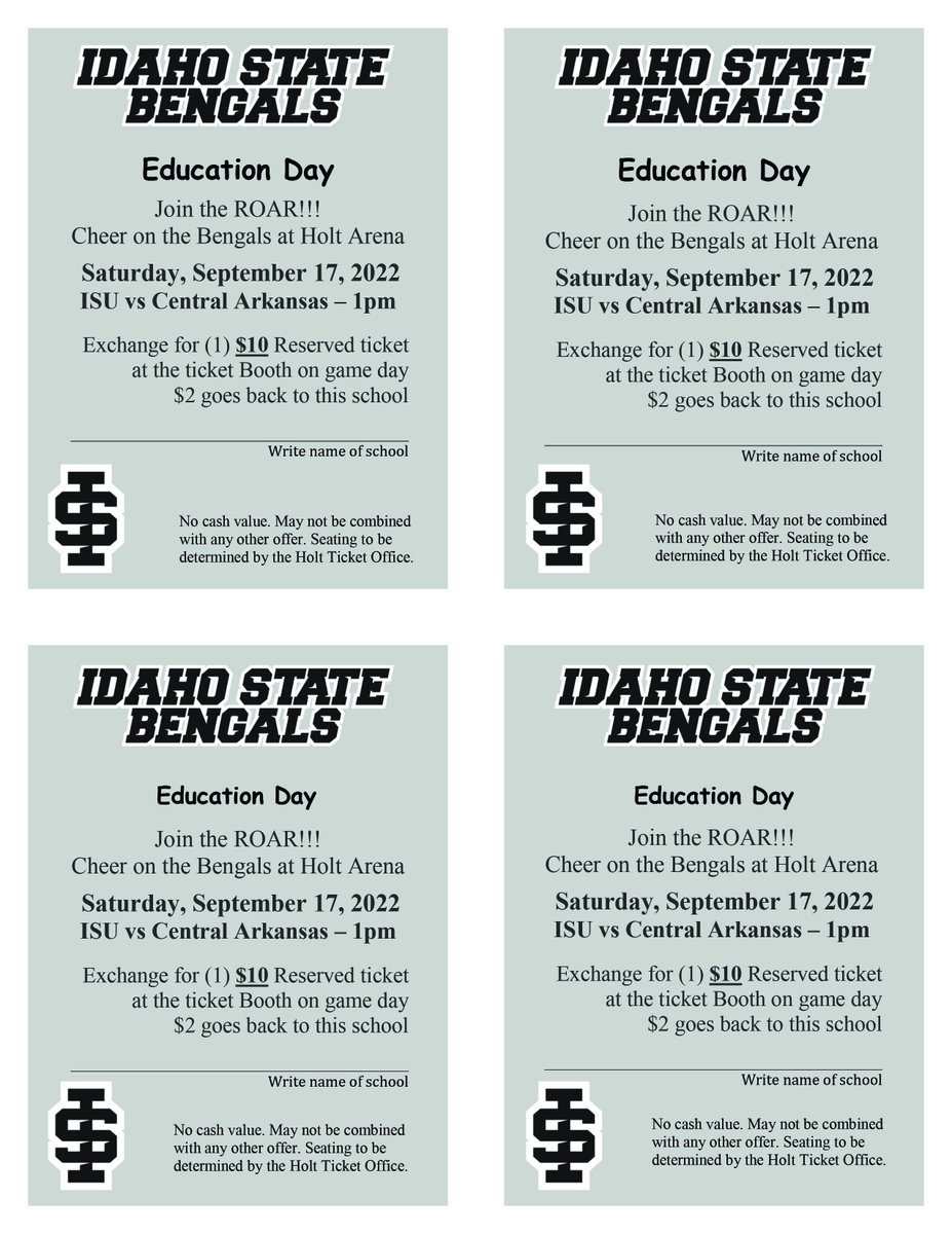 The @IdahoStateFB home opener is nearing! We want to give back to schools in SE Idaho. Print this voucher off, write in your local school you support then redeem at the Ticket office for a $10 ticket. Lets make Holt Hostile.  <a href="/PCSD25/">Pocatello/Chubbuck School District 25</a> <a href="/cityofpocatello/">City of Pocatello</a>