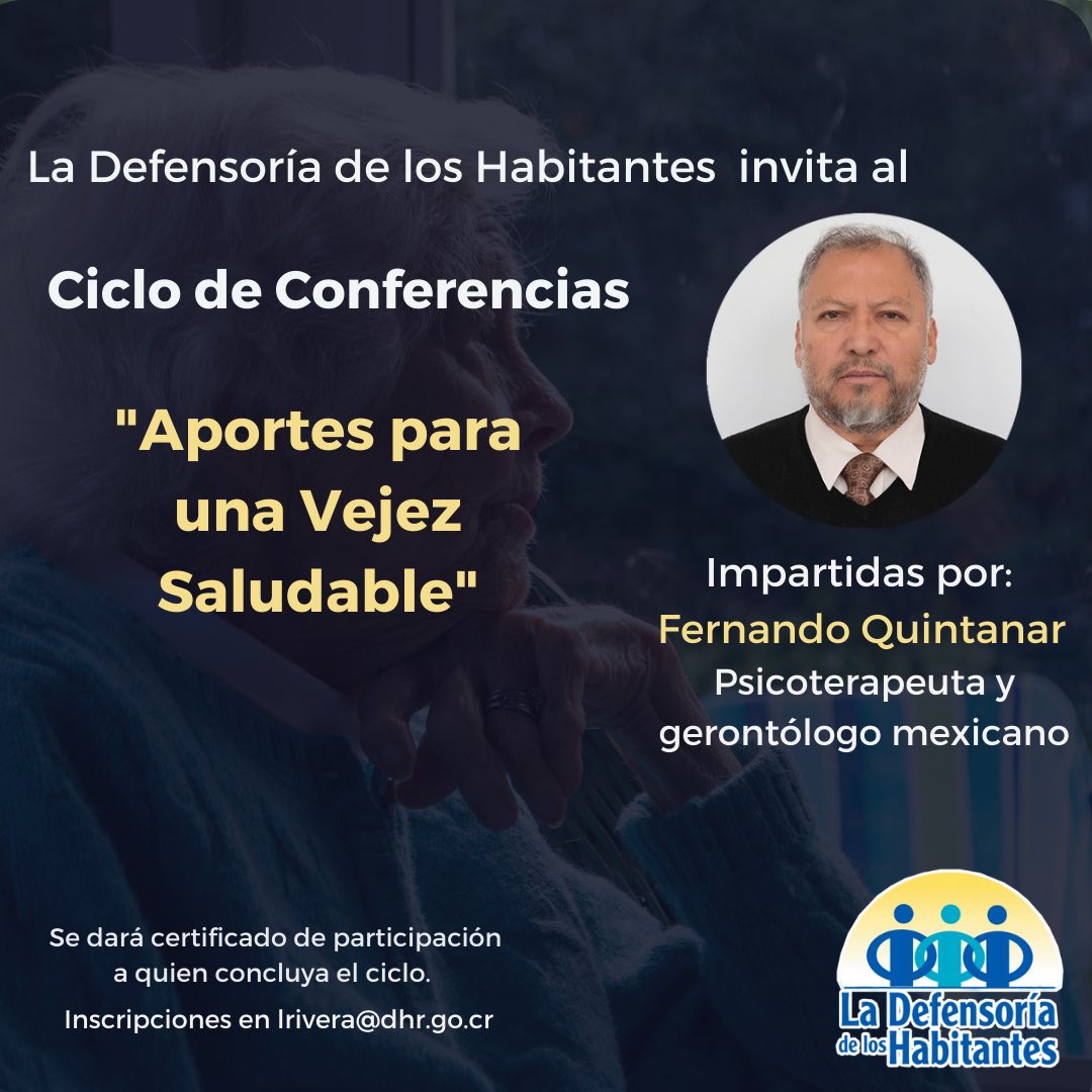 defensoriacr's tweet photo. #Invitación. La Defensoría de los Habitantes de Costa Rica, se complace en invitarle al ciclo de conferencias "Aportes para una vejez saludable". 1/4 https://t.co/HMU94YpQRV