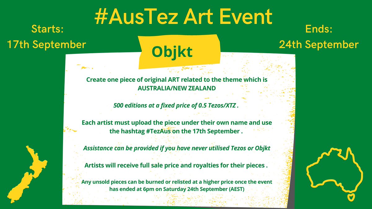 TEZAus_family's tweet photo. In celebration of the FIRST 
@AussiePoapathon
 we are  launching 

 The #TezAus Art Event 

on 
@objktcom
  from the 17th -24th September 

If you would like to join us please see details in attached form. A thread 🧵⬇️
https://t.co/CkkEJckWHE https://t.co/lIGTq7aZDk