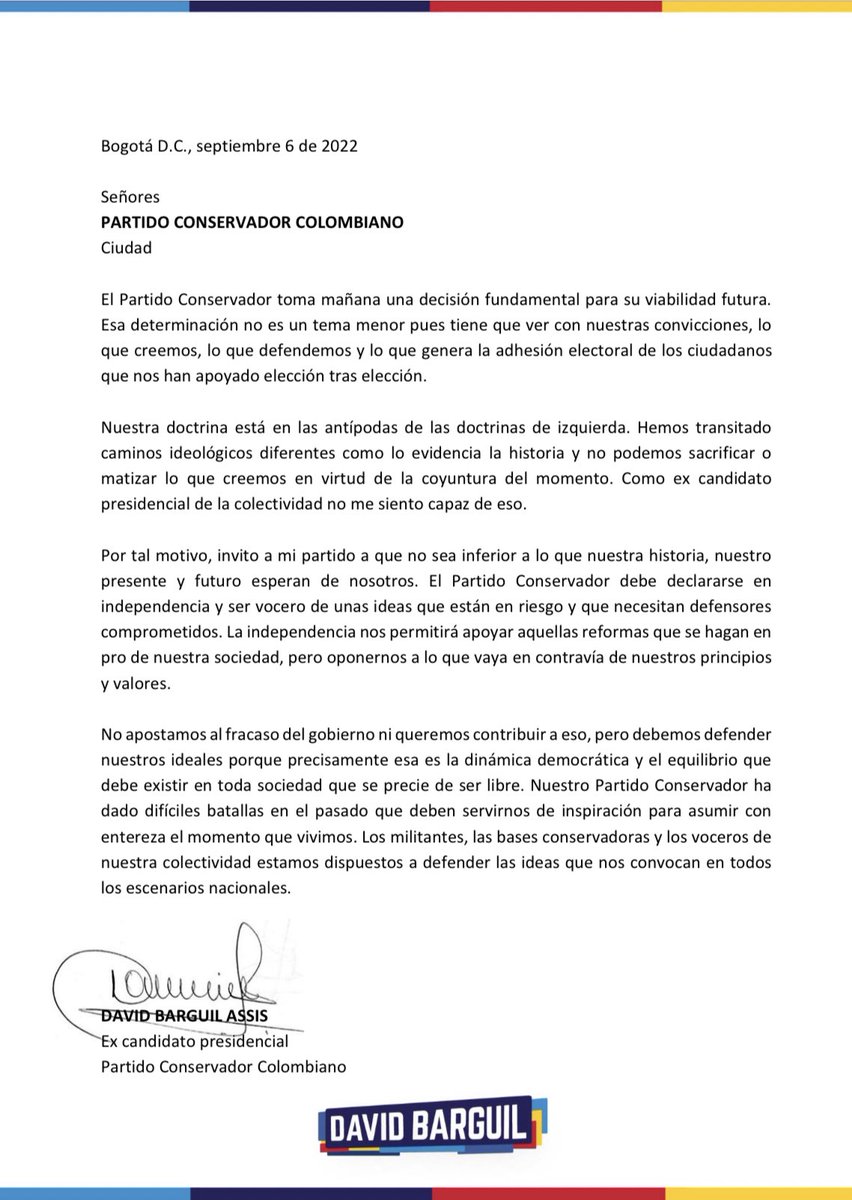 davidbarguil's tweet photo. Invito al @soyconservador a defender nuestras convicciones y declararse en independencia frente al Gobierno Nacional. Esta es la carta con mis razones 👇🏽 https://t.co/S2Z4AniTGy