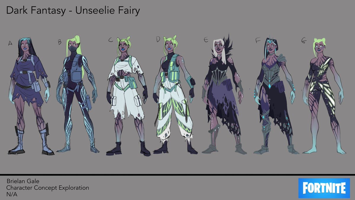 HYPEX's tweet photo. The same Epic Employee/Contractor (Briélan Gale) that posted the S5 portal concept earlier today, also had this "Dark Fairy" concept on her ArtStation saying "not used in game". So this is either scrapped or never bought by Epic.

She worked on Ch2 S5 &amp; S6 props concepts too btw. https://t.co/gWIP0iRgod