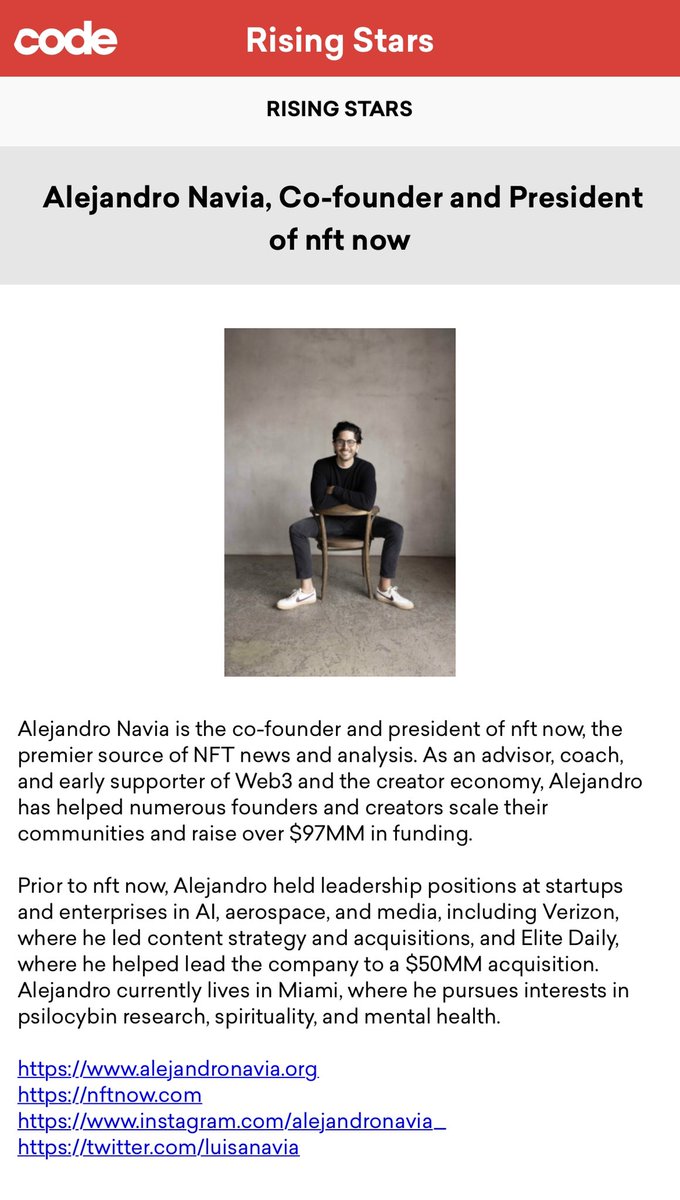 AlejNavia's tweet image. A heartfelt thank you to @JohnnieWalkerUS for selecting me as one of 3 “Rising Stars” to attend and @Recode’s #code2022 conference
Energized to be representing @nftnow and the future of Media