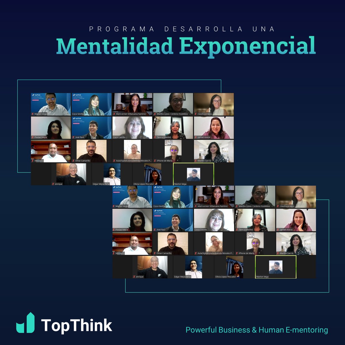 ¡Misión cumplida! Con mucho éxito clausuramos el Programa 'Desarrolla una Mentalidad Exponencial' 

Gracias al increíble grupo de Topthinkers por hacerlo posible.

Muchas felicidades por haber concluido este exitoso programa.

#TopThink #MentalidadExponencial #Clausura