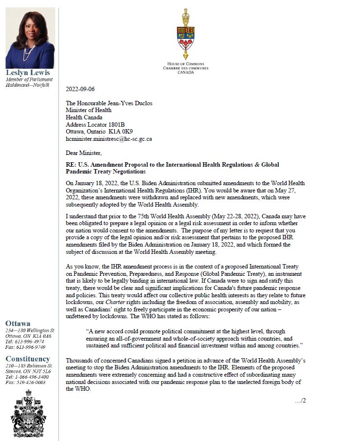 LeslynLewis's tweet photo. We defeated the Biden IHR amendments at the WHO, but the work doesn’t stop. Here’s my letter to the Health Minister requesting disclosure, so we know where Canada stands on giving pandemic decision power to an unelected foreign body. https://t.co/uW2Smy2kDW