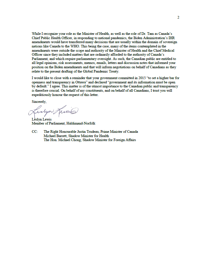 LeslynLewis's tweet photo. We defeated the Biden IHR amendments at the WHO, but the work doesn’t stop. Here’s my letter to the Health Minister requesting disclosure, so we know where Canada stands on giving pandemic decision power to an unelected foreign body. https://t.co/uW2Smy2kDW