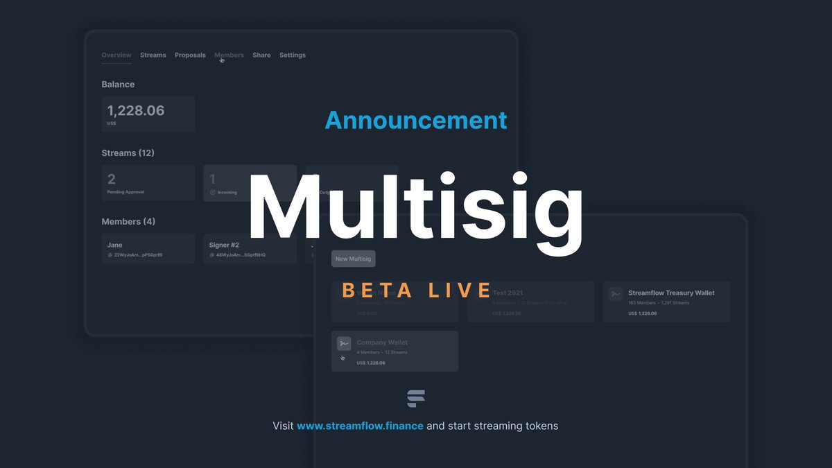 streamflow_fi's tweet photo. Introducing Streamflow Multisig Beta🎉

The best Token Distribution Platform on #Solana just got better!

With our new Multisig you can:

💸Create vesting and payroll streams by proposal
👥 Manage multisig threshold, members etc.
📃View and cancel streams created with multisig https://t.co/fdtl3MFlp0
