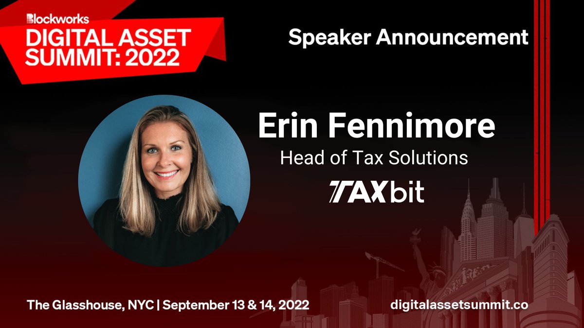 Taxbit's tweet photo. Catch @CryptoErin, our Head of Tax Solutions, at @BlockworksDAS for the "Navigating Regulatory Gray Areas" Session. 🎤 September 13th, 3:50-4:30pm ET #DASNYC #cryptotax https://t.co/Tj5G5Cp0Ba