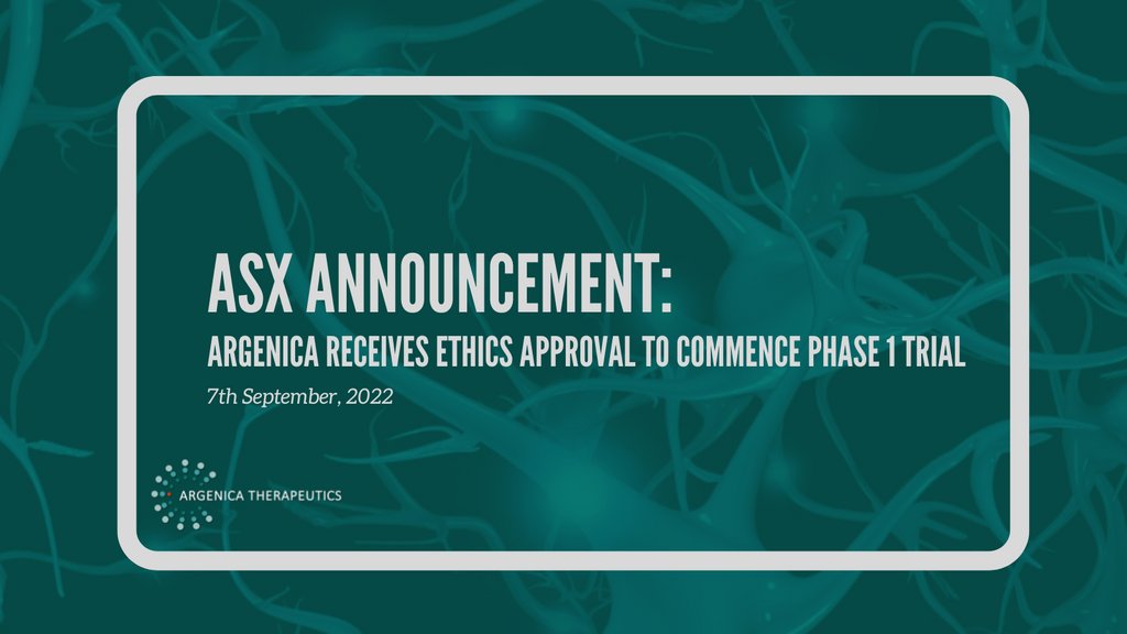 ArgenicaT's tweet image. This morning, Argenica Therapeutics is pleased to announce the Company’s ethics application to Bellberry’s HREC to commence a Phase 1 healthy participant study of ARG-007 has been APPROVED.

Learn more here: bit.ly/36MeCzr

#ASX #AGN #clinicaltrials #stroke #ARG007