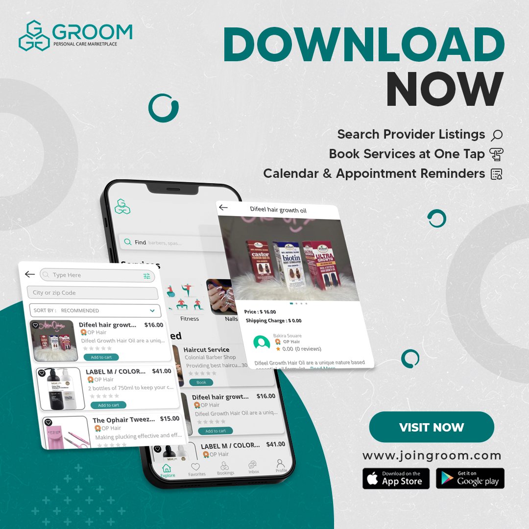JoinGroom's tweet photo. The only personal care market place you need to boost your business is here!

Download it today from the following links

Android
https://t.co/DRXL9hpC5H
IOS
https://t.co/9lsZPi1KPD

#groom #sellproducts #nailart #naildesign #grooming #haircut #hairstyles #haircare #hairsalon https://t.co/CHI0HQjknt