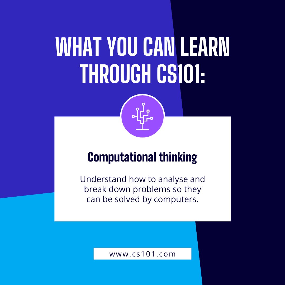 Cs101_OL's tweet photo. 📖 Computational thinking: Understand how to analyse and break down problems so they can be solved by computers.

Follow us 👉 @Cs101_OL 

#CS101skills #computerscience #computationalthinking https://t.co/IeW3pGB99R