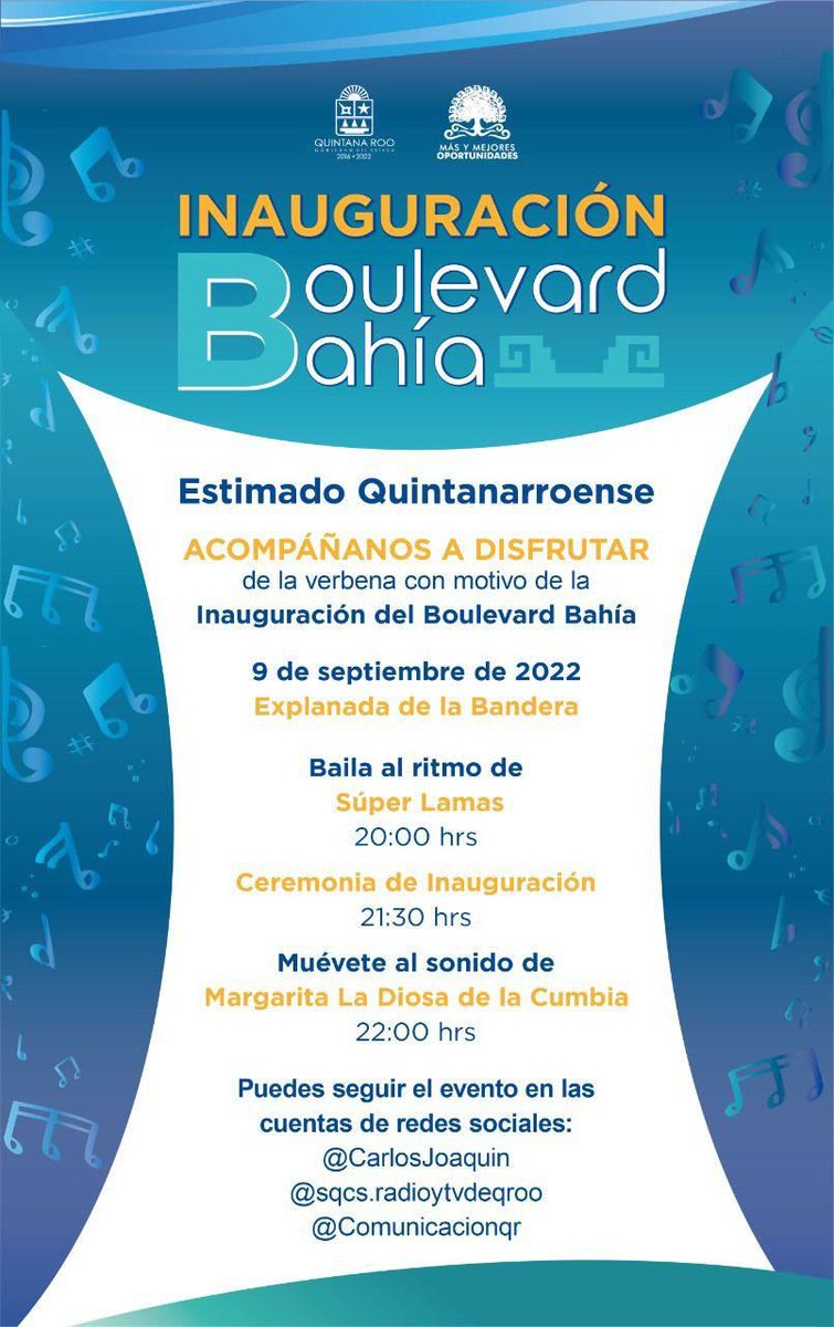 CarlosJoaquin's tweet photo. Este 9 de septiembre será la inauguración de nuestro Boulevard Bahía en #Chetumal. Los espero en la explanada de la Bandera, a las 8:00 p.m. tendremos una verbena para toda la familia. #JuntosSalimosAdelante #SextoInformeCarlosJoaquin https://t.co/wgp6HhXUFZ