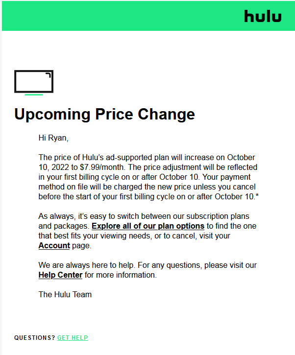 Pretty weird email to send out about an AD-SUPPORTED PLAN, <a href="/hulu/">Hulu</a>.