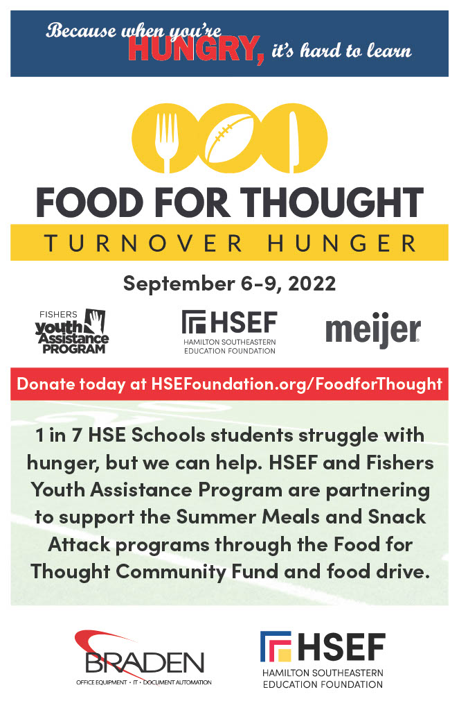 FishersYAP's tweet photo. The Food for Thought Turnover Hunger Drive started today at all HSE schools! We can't wait to see all the awesome food that is brought in to support our Snack Attack Program! #Thankful #FYAP https://t.co/znXDip9C8O