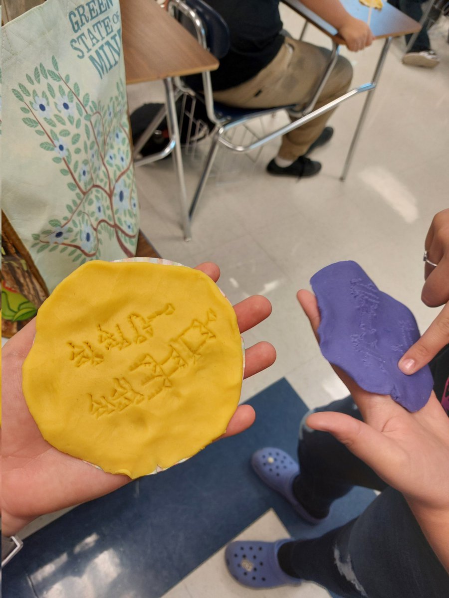 haileyehunt's tweet photo. Today in World History, we attempted to carve our names in Cuneiform the way real ancient Sumerians did - with homemade playdoh and chopsticks. π #MustangsIgnited #NISDJay https://t.co/llthhDC4L8