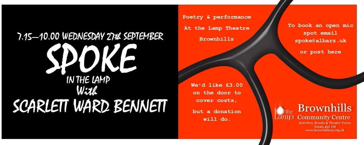 ScreenSpoke's tweet image. On the 28th September we have Scarlett, @scarlettwith2ts headlining at Brownhills. All welcome to this spoken word fest.

Email spoke@albarz.uk for details or look us up on FB.