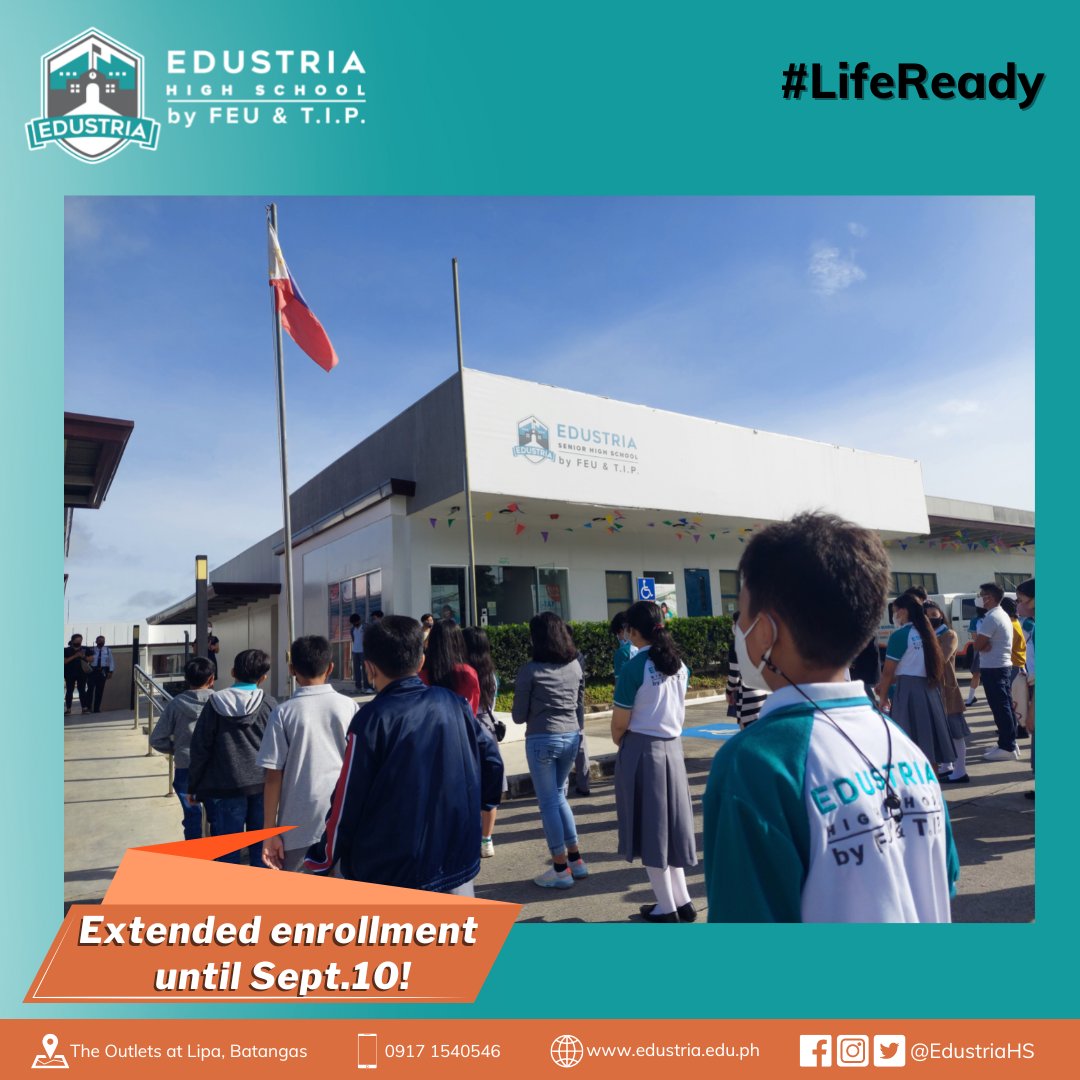 EdustriaHS's tweet photo. Extended enrollment until September 10! Inquire by call/text 09171540546 or visit us onsite at The Outlets at Lipa. 
#LifeReady
#EdustriaHighSchool
#DynamicTeachingAndLearning
📱 0917-154-0546
🌐 https://t.co/1MZMohyrW3
📍The Outlets at Lipa https://t.co/7xI4B67b9p