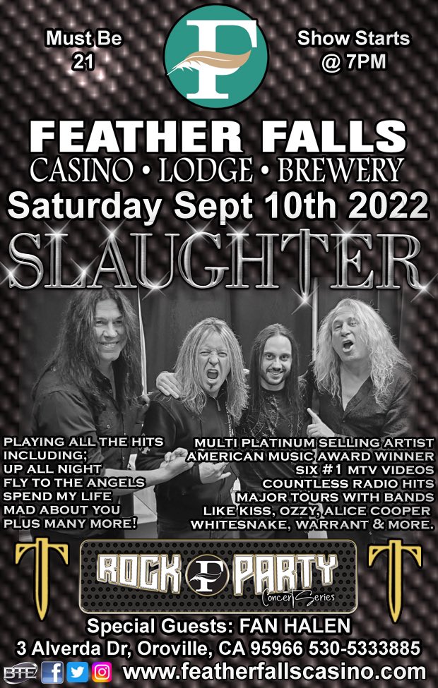 Mark Slaughter (@markslaughter33) on Twitter photo Concert Reminder
When: This Saturday Sept 10th 2022
Where: Oroville, CA
<a href="/FeatherFalls/">Feather Falls Casino</a>
#MarkSlaughter #Slaughter #UpAllNight #FlyToTheAngels #MadAboutYou #ErnieBallStrings #PickGuyGuitarPicks #CarlinoGuitars #FuTone #MorleyPedals #PariahPickups
#KemperAmps
#GodinGuitars Concert Reminder
When: This Saturday Sept 10th 2022
Where: Oroville, CA
<a href="/FeatherFalls/">Feather Falls Casino</a>
#MarkSlaughter #Slaughter #UpAllNight #FlyToTheAngels #MadAboutYou #ErnieBallStrings #PickGuyGuitarPicks #CarlinoGuitars #FuTone #MorleyPedals #PariahPickups
#KemperAmps
#GodinGuitars